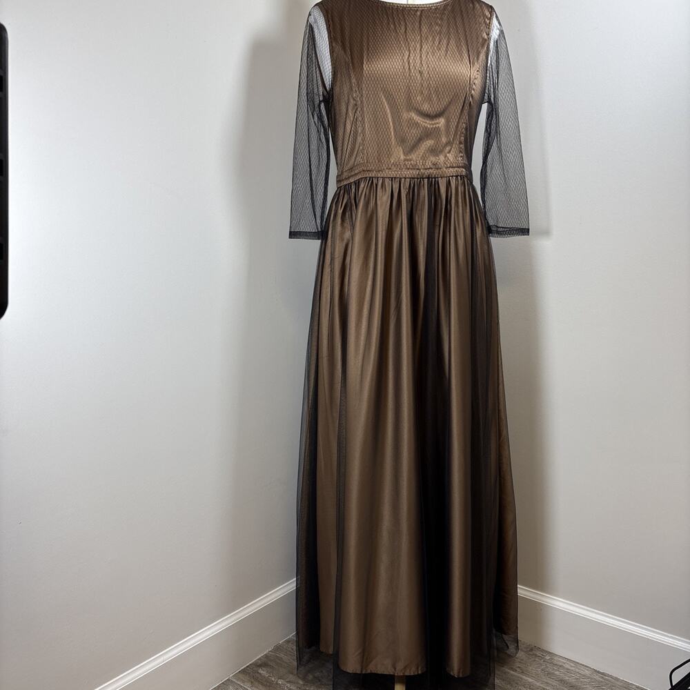 Dark Feminine Moody Romantic Bronze Satin Sheer Sleeve Black Mesh Overlay Gown M